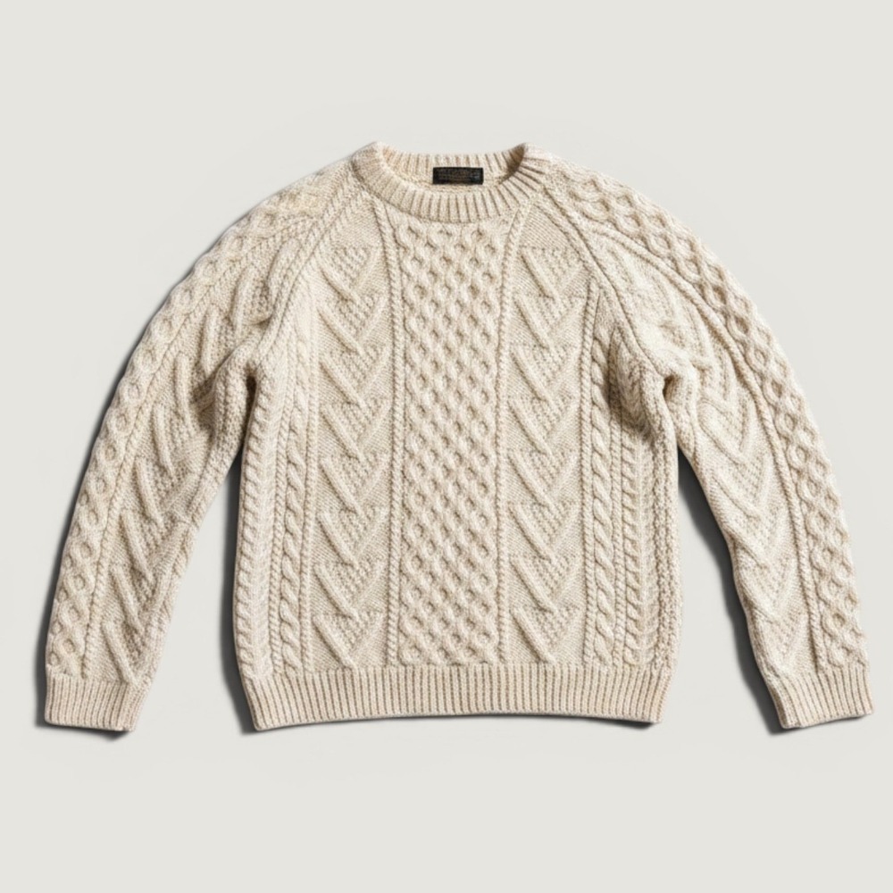 Carraig Donn Sweater Mens Large White Aran Cable Knit Crewneck Wool Ireland